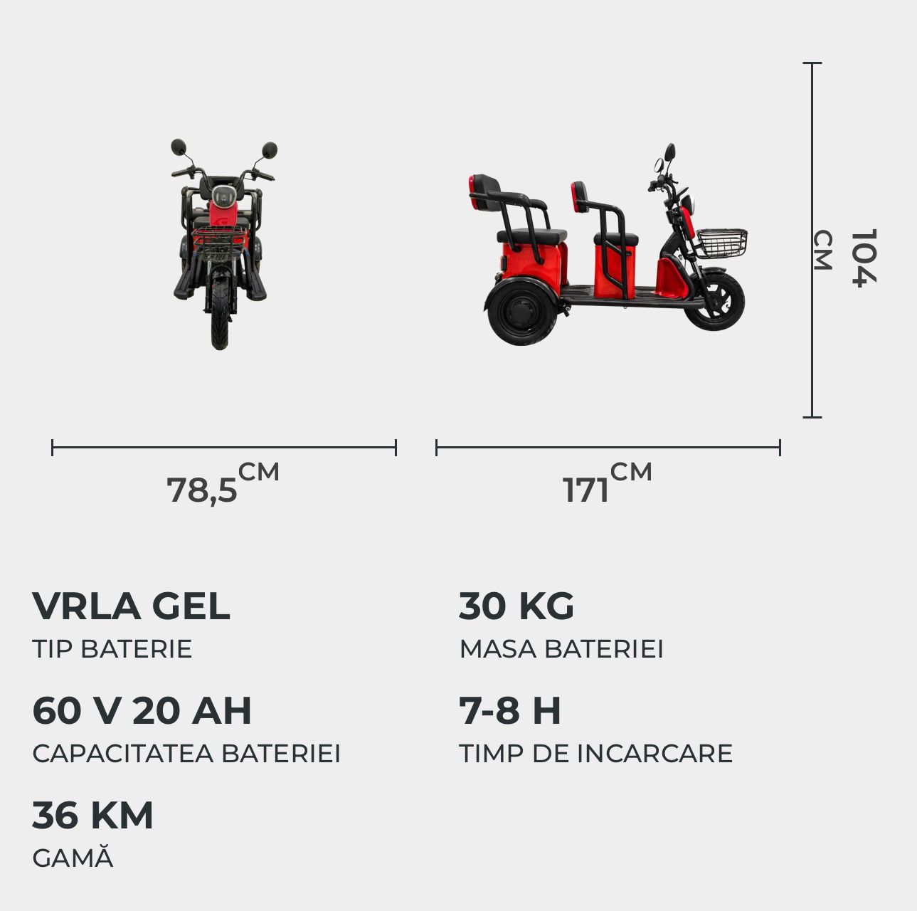 Tricicleta electrica, Volta APM5, Rosu, viteza maxima 25 km pe ora, Autonomie pana la 40 km